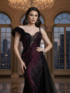Luxury Wine Red Crystal Beaded Mermaid Evening Dress With Overskirt CLA73606