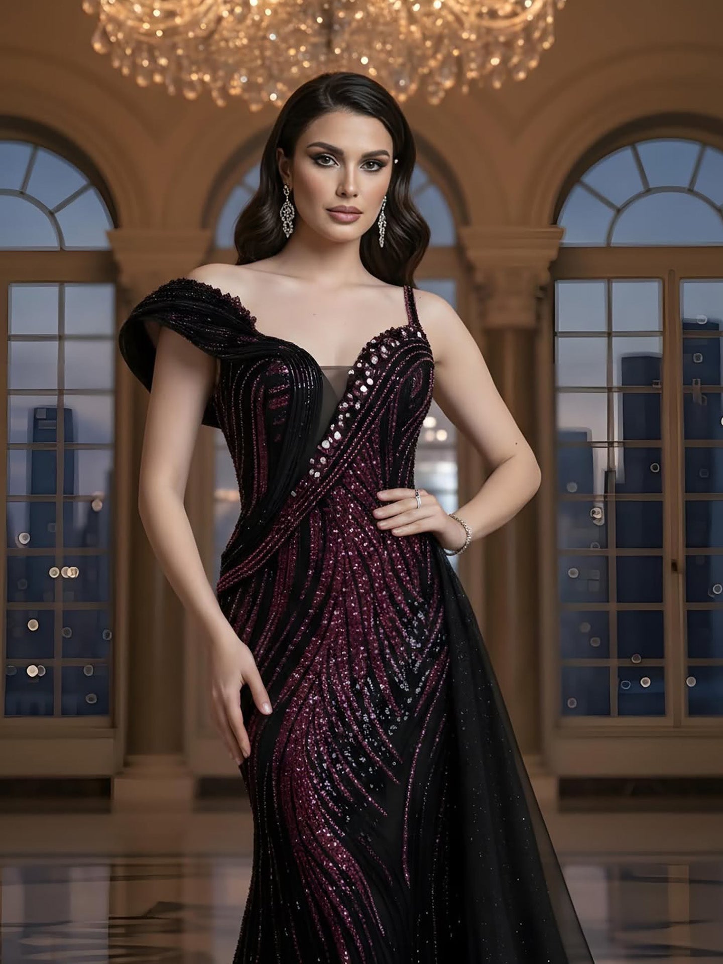 Luxury Wine Red Crystal Beaded Mermaid Evening Dress With Overskirt CLA73606