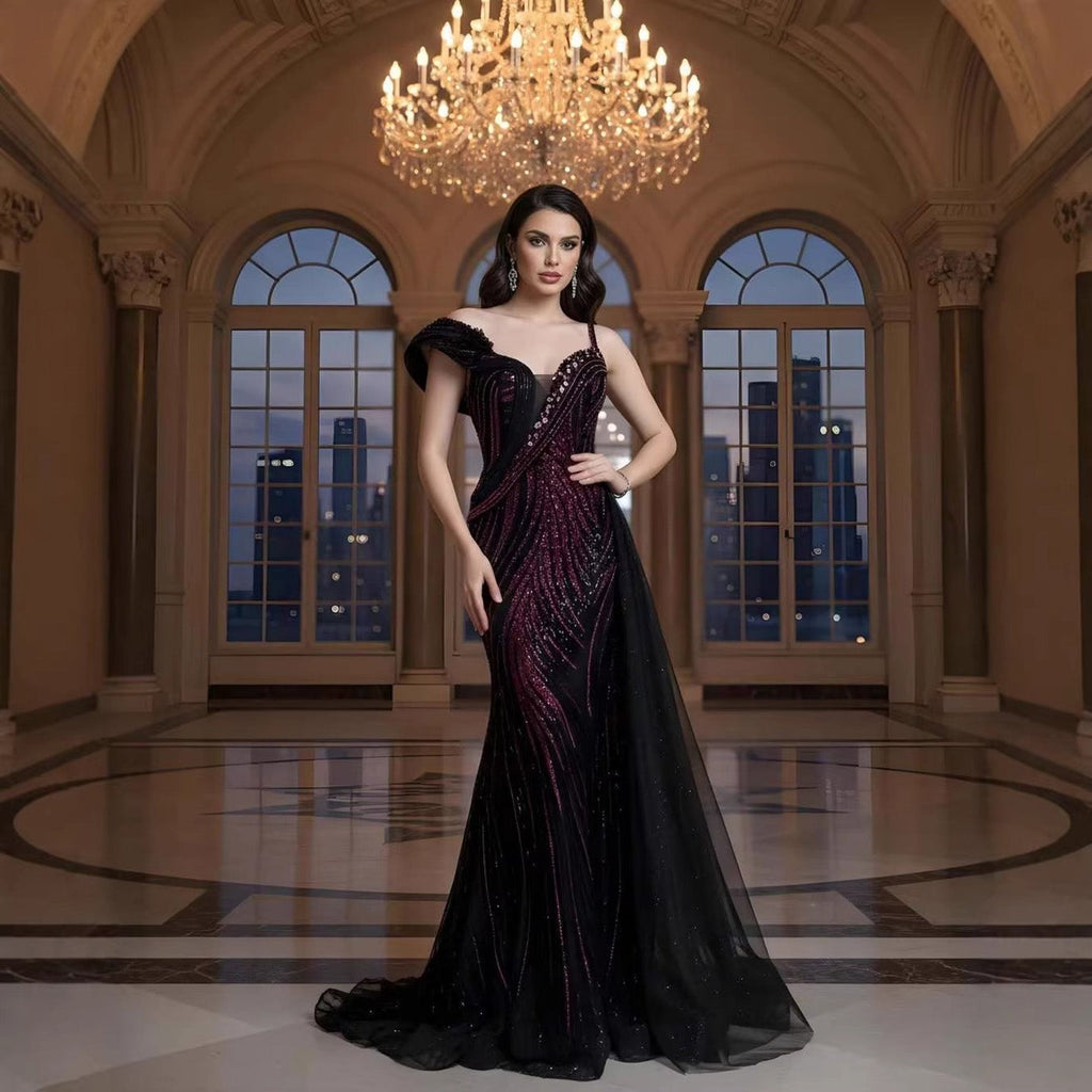 Luxury Wine Red Crystal Beaded Mermaid Evening Dress With Overskirt CLA73606