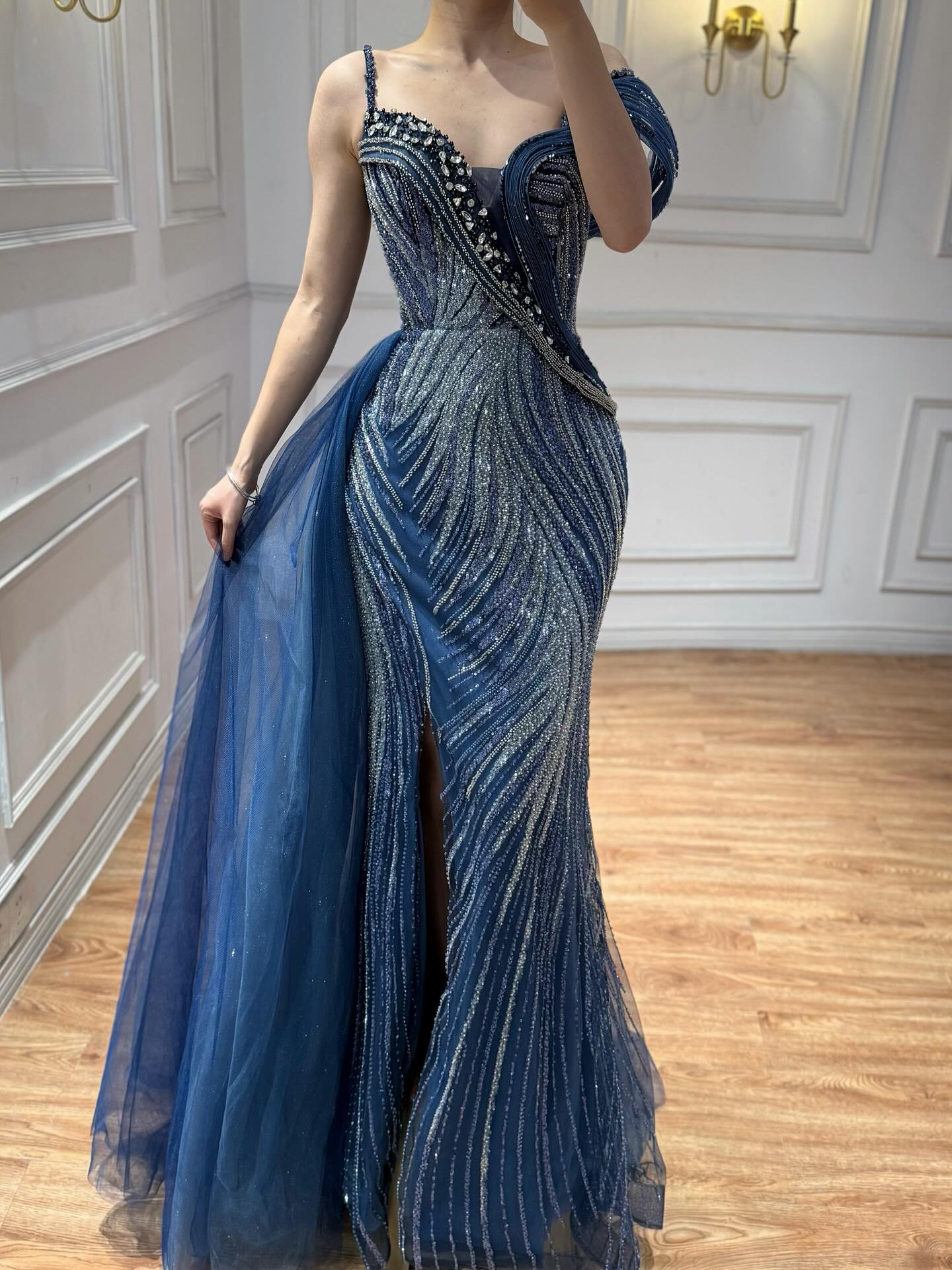Luxury Wine Red Crystal Beaded Mermaid Evening Dress With Overskirt CLA73606