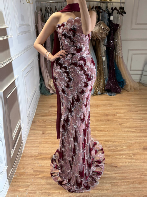 Luxury Beaded Pink Strapless Mermaid Evening Dress Elegant For Women Occasion Party CLA73607