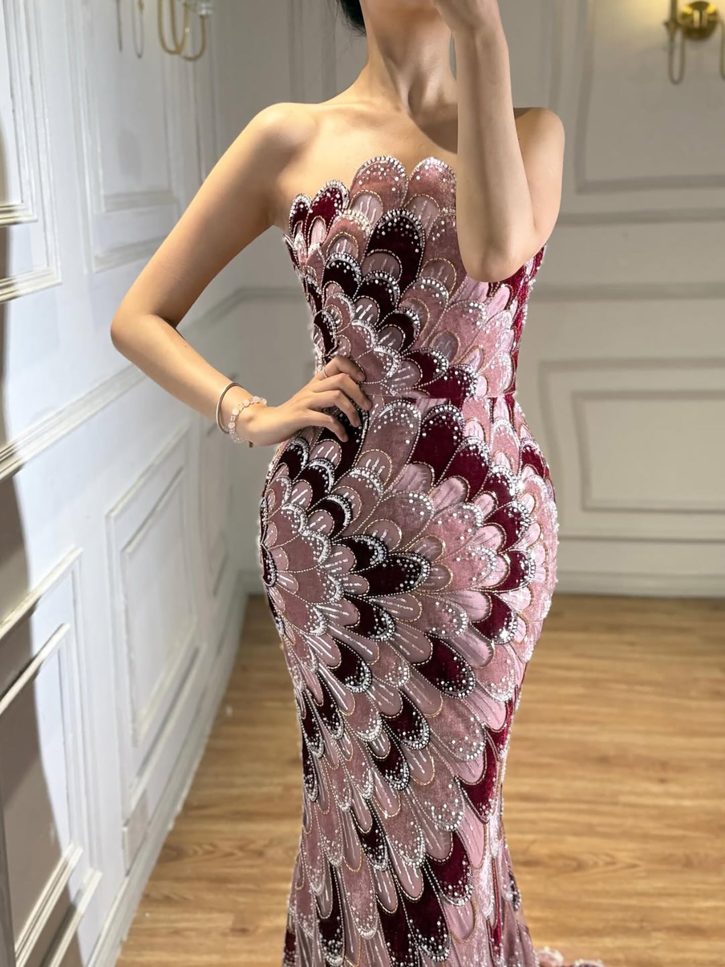 Luxury Beaded Pink Strapless Mermaid Evening Dress Elegant For Women Occasion Party CLA73607