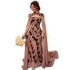 Luxury Pink Beaded Mermaid Cape Evening Dress CLA73607A