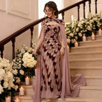 Luxury Pink Beaded Mermaid Cape Evening Dress CLA73607A