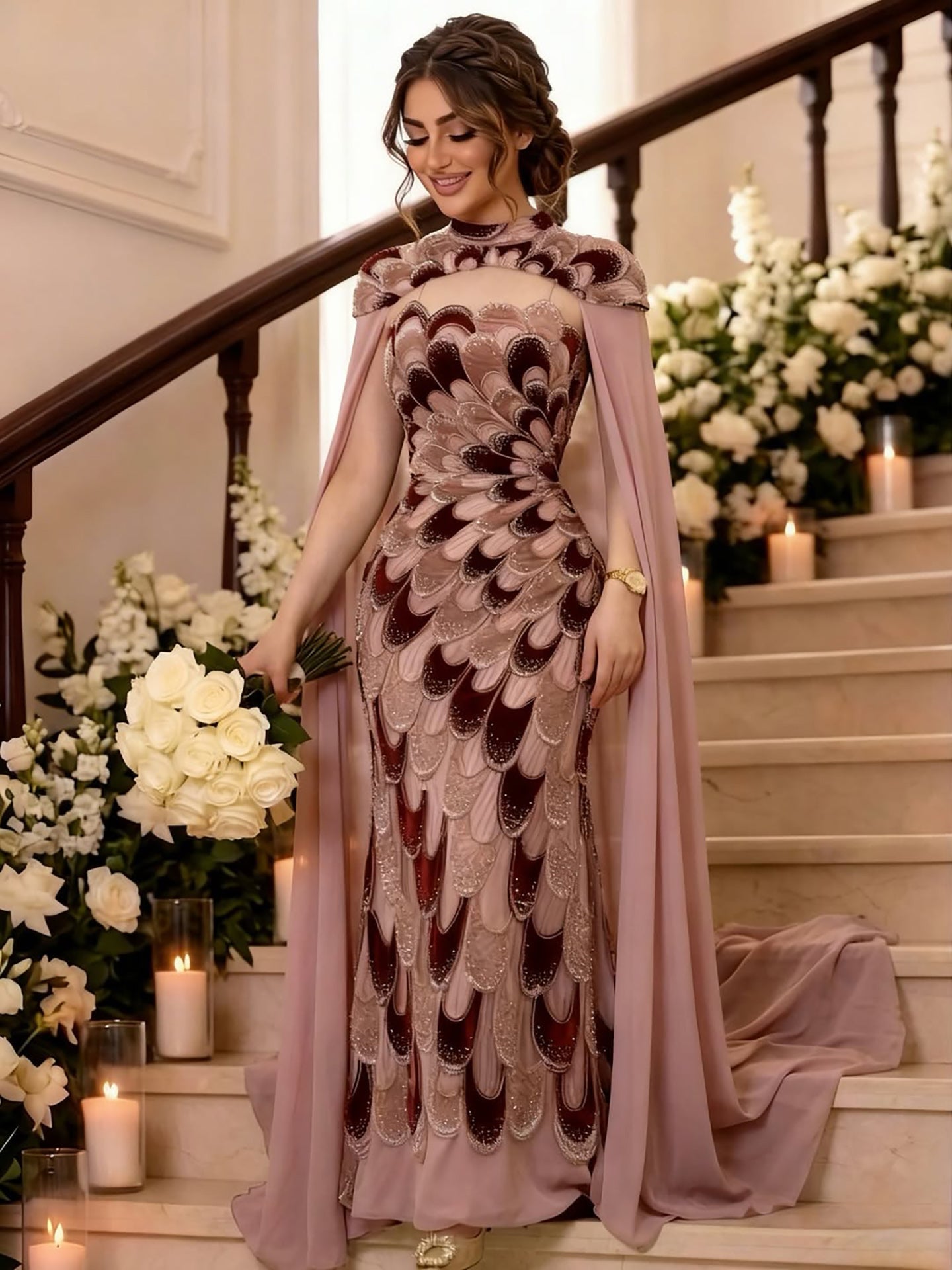 Luxury Pink Beaded Mermaid Cape Evening Dress CLA73607A