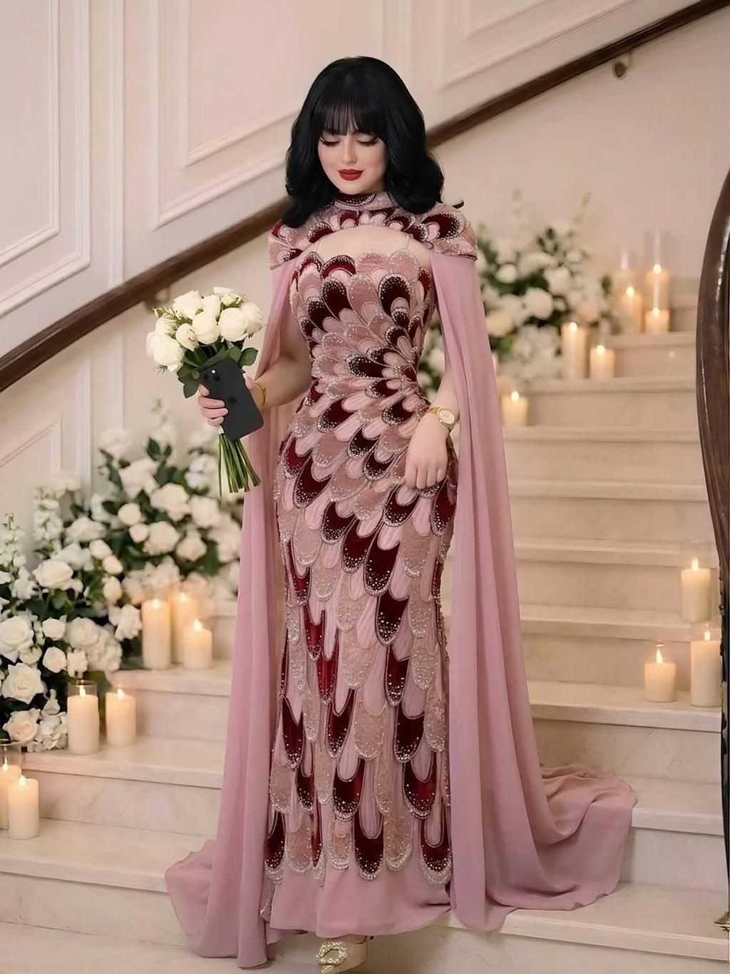 Luxury Pink Beaded Mermaid Cape Evening Dress CLA73607A