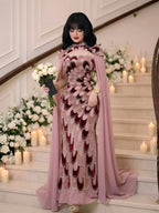 Luxury Pink Beaded Mermaid Cape Evening Dress CLA73607A