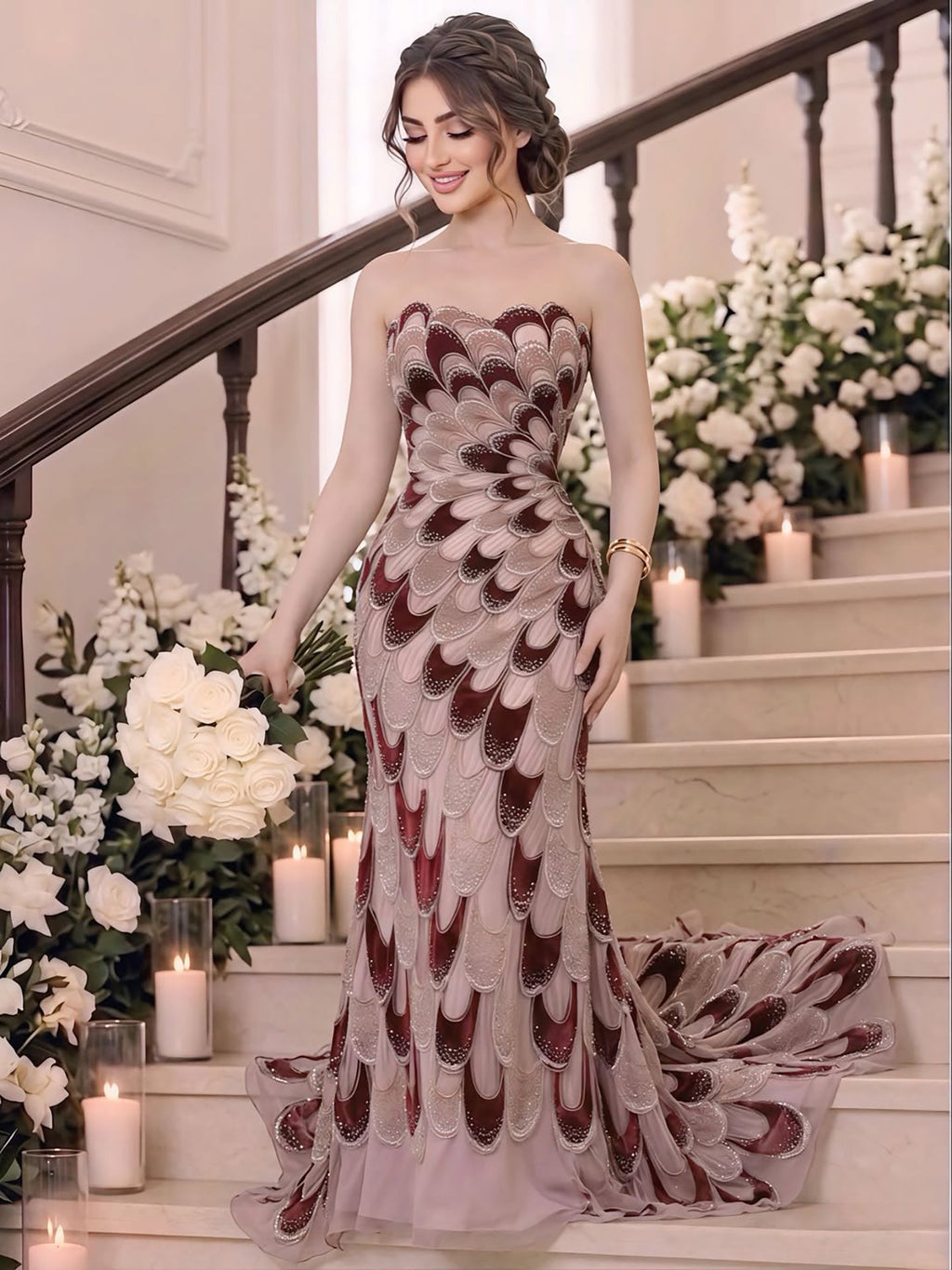 Luxury Pink Beaded Mermaid Cape Evening Dress CLA73607A