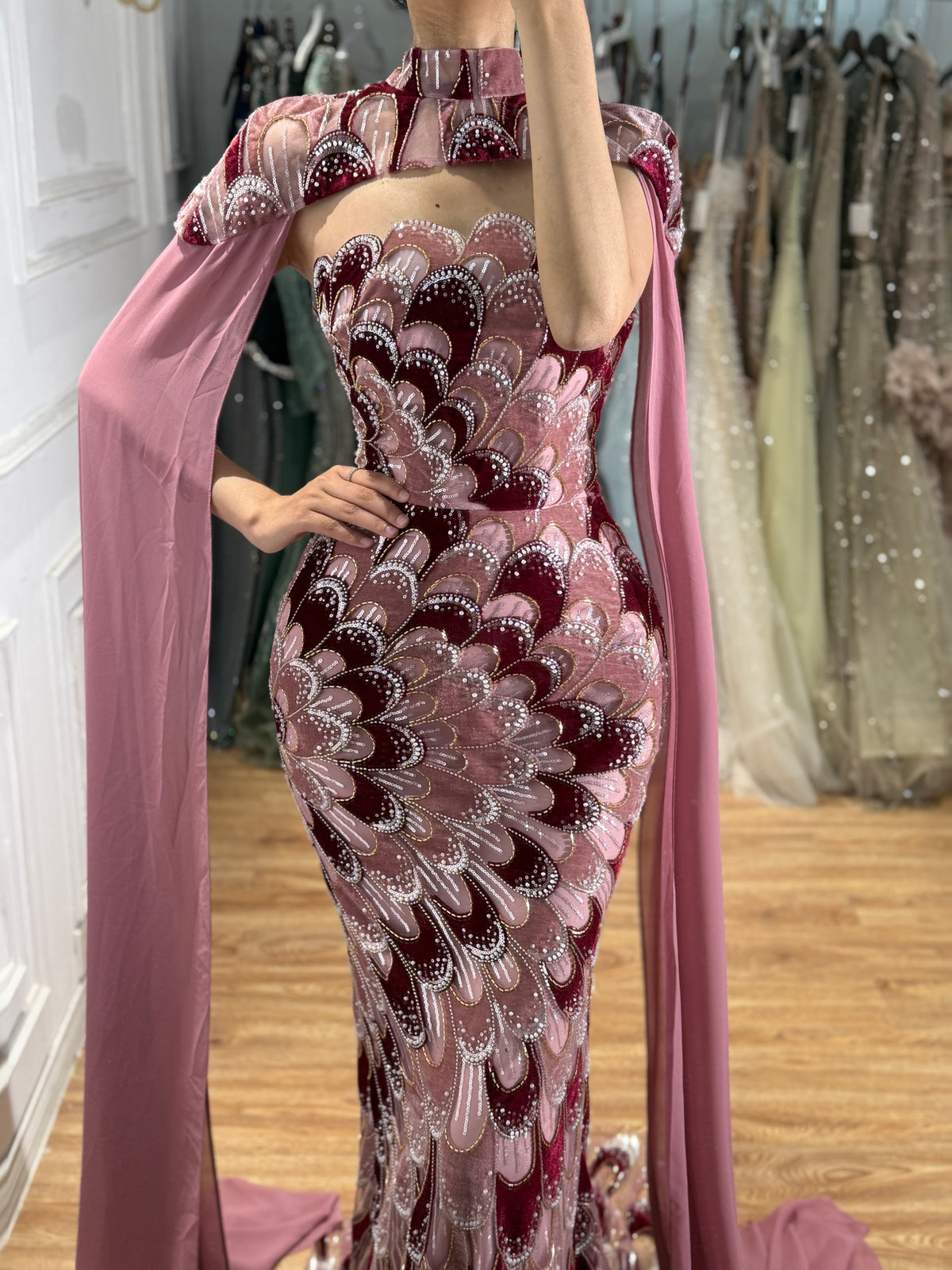Arabic Velvet Beaded Strapless Mermaid Evening Dress With Cape CLA73607A
