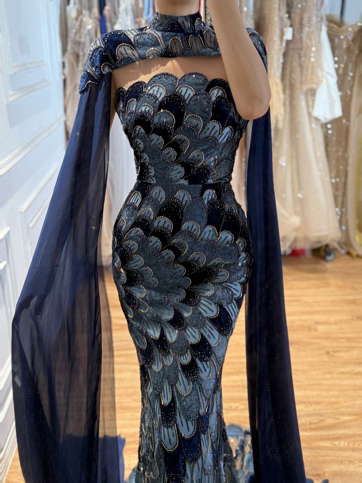Arabic Velvet Beaded Strapless Mermaid Evening Dress With Cape CLA73607A