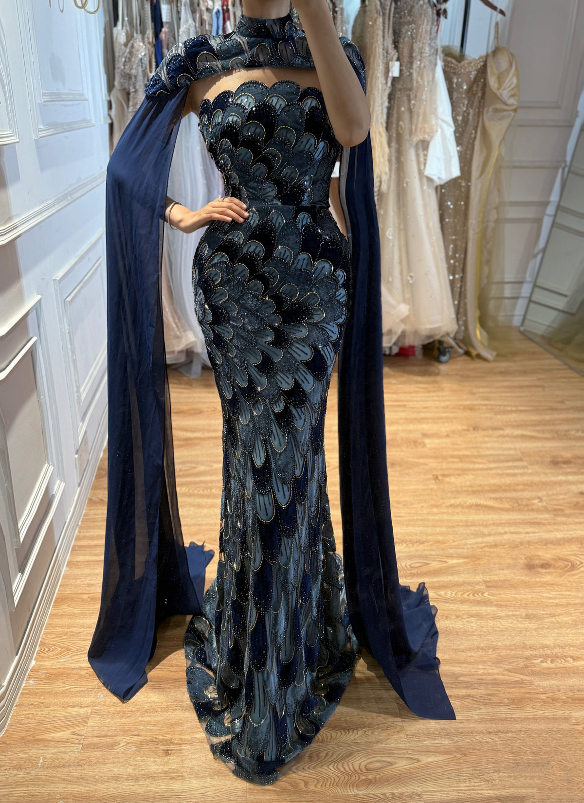 Arabic Velvet Beaded Strapless Mermaid Evening Dress With Cape CLA73607A