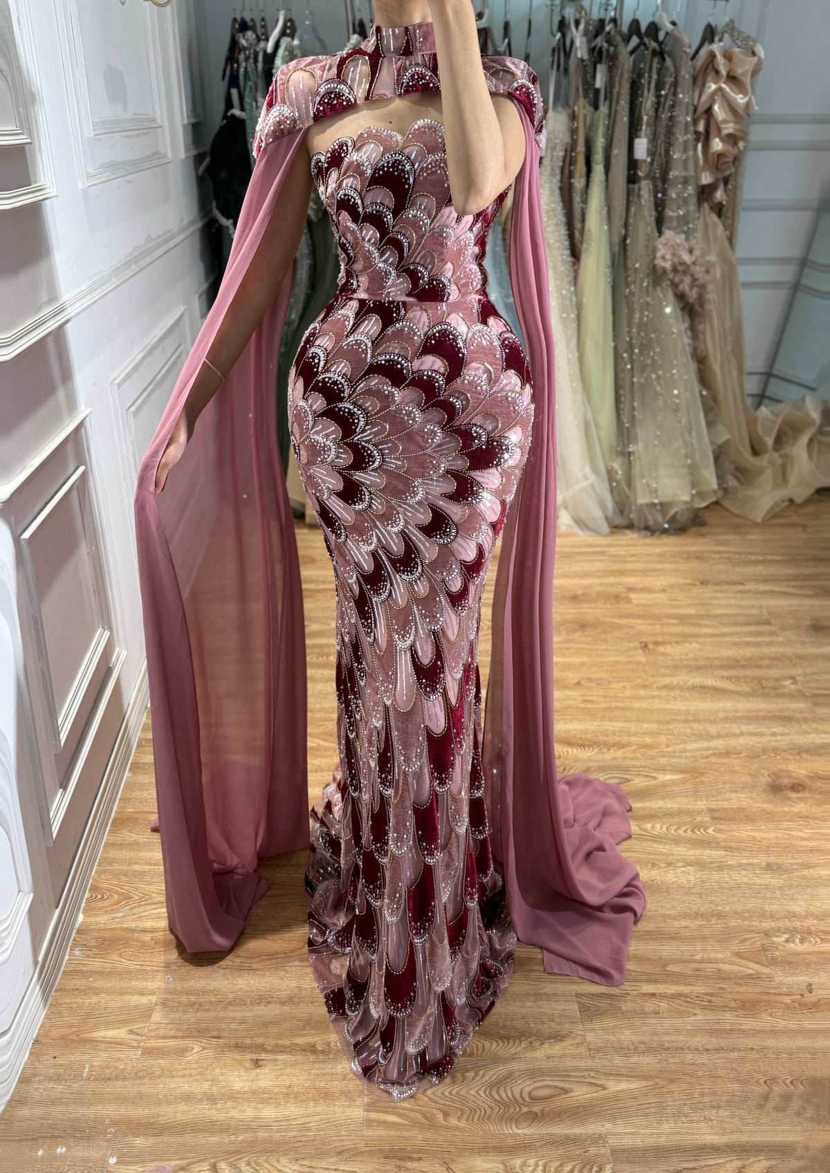 Arabic Velvet Beaded Strapless Mermaid Evening Dress With Cape CLA73607A