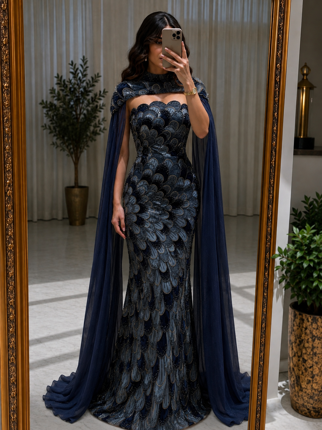 Arabic Velvet Beaded Strapless Mermaid Evening Dress With Cape CLA73607A