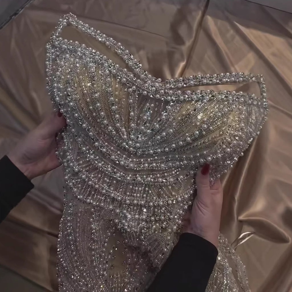 Luxury Nude Pearl Beaded Spaghetti Strap Evening Dress LA73608