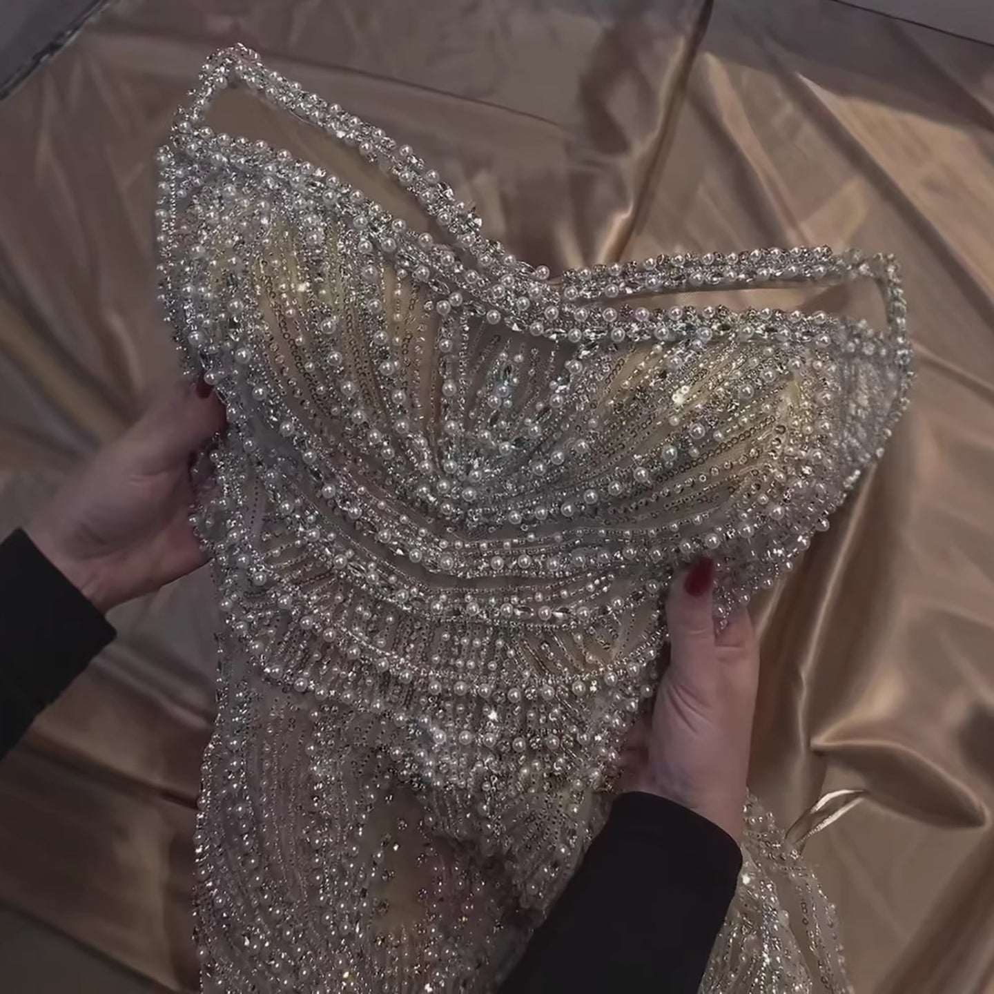 Luxury Nude Pearl Beaded Spaghetti Strap Evening Dress LA73608