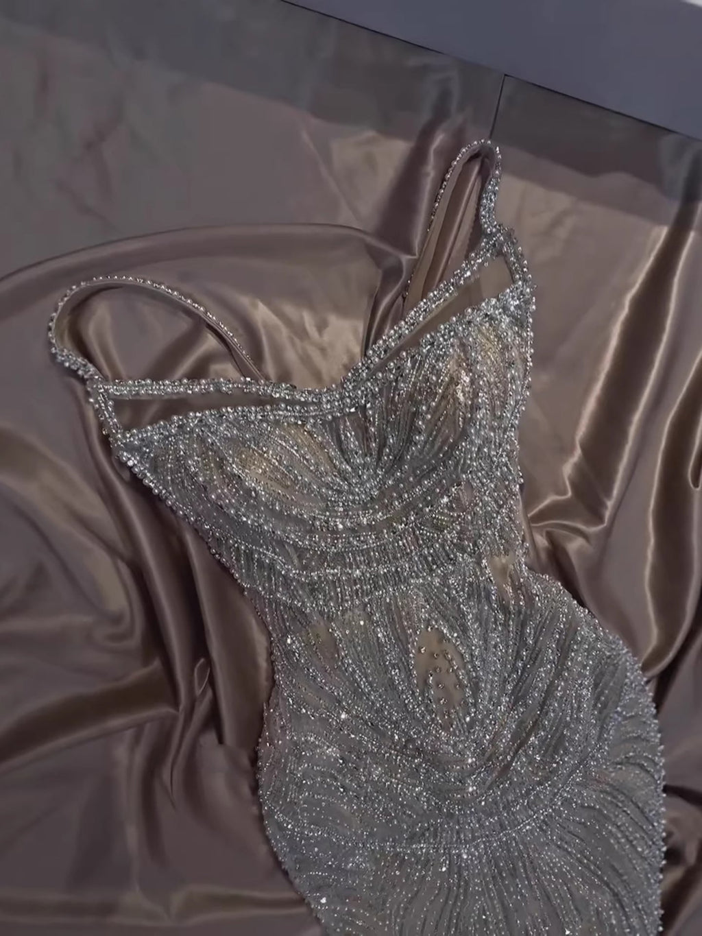 Luxury Nude Pearl Beaded Spaghetti Strap Evening Dress LA73608