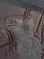 Luxury Nude Pearl Beaded Spaghetti Strap Evening Dress LA73608