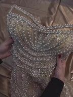 Luxury Nude Pearl Beaded Spaghetti Strap Evening Dress LA73608