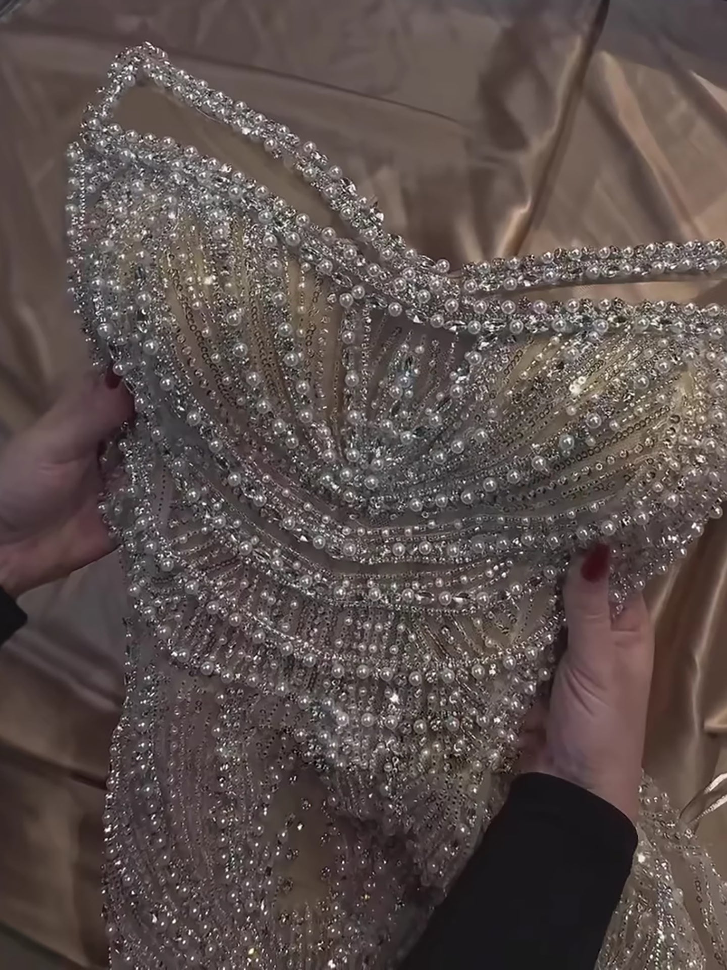 Luxury Nude Pearl Beaded Spaghetti Strap Evening Dress LA73608