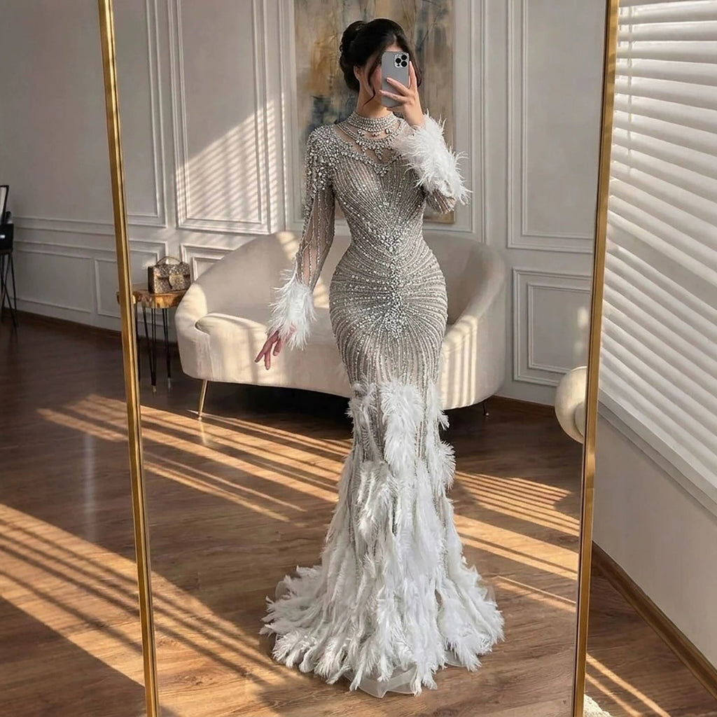 Luxury Grey Nude Crystal Beaded Mermaid Dress with Feathers LA73609