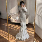 Luxury Grey Nude Crystal Beaded Mermaid Dress with Feathers LA73609