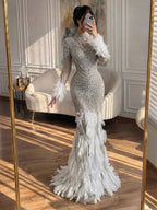 Luxury Grey Nude Crystal Beaded Mermaid Dress with Feathers LA73609