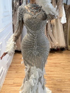 Luxury Grey Nude Crystal Beaded Mermaid Dress with Feathers LA73609