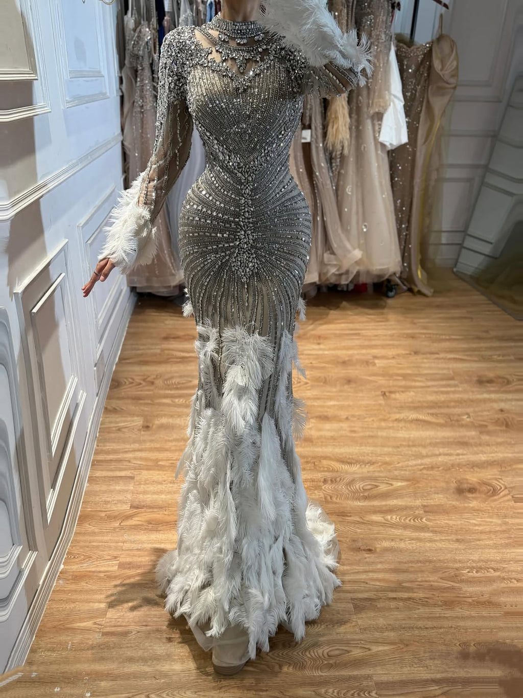 Luxury Grey Nude Crystal Beaded Mermaid Dress with Feathers LA73609