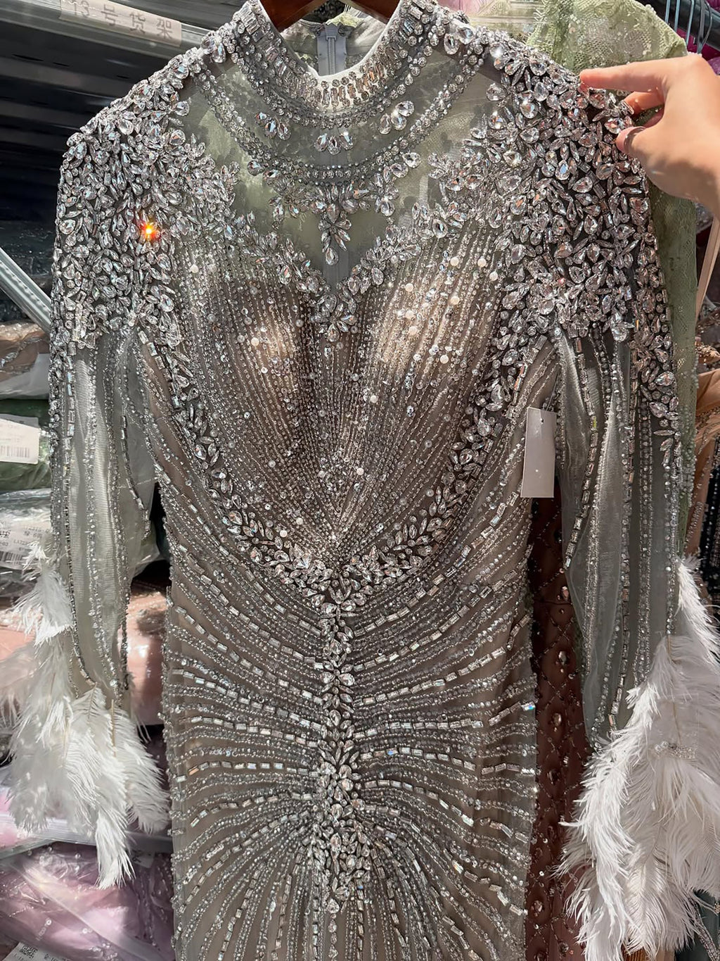 Luxury Grey Nude Crystal Beaded Mermaid Dress with Feathers LA73609