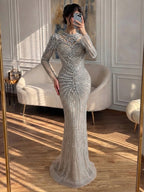 Luxury Silver Nude Beaded High Neck Mermaid Evening Dress LA73609A