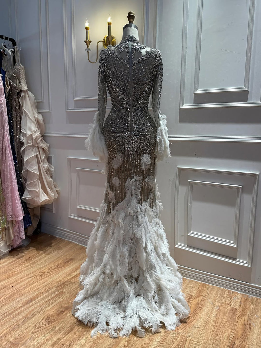 Luxury Grey Nude Crystal Beaded Mermaid Dress with Feathers LA73609