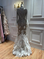 Luxury Grey Nude Crystal Beaded Mermaid Dress with Feathers LA73609
