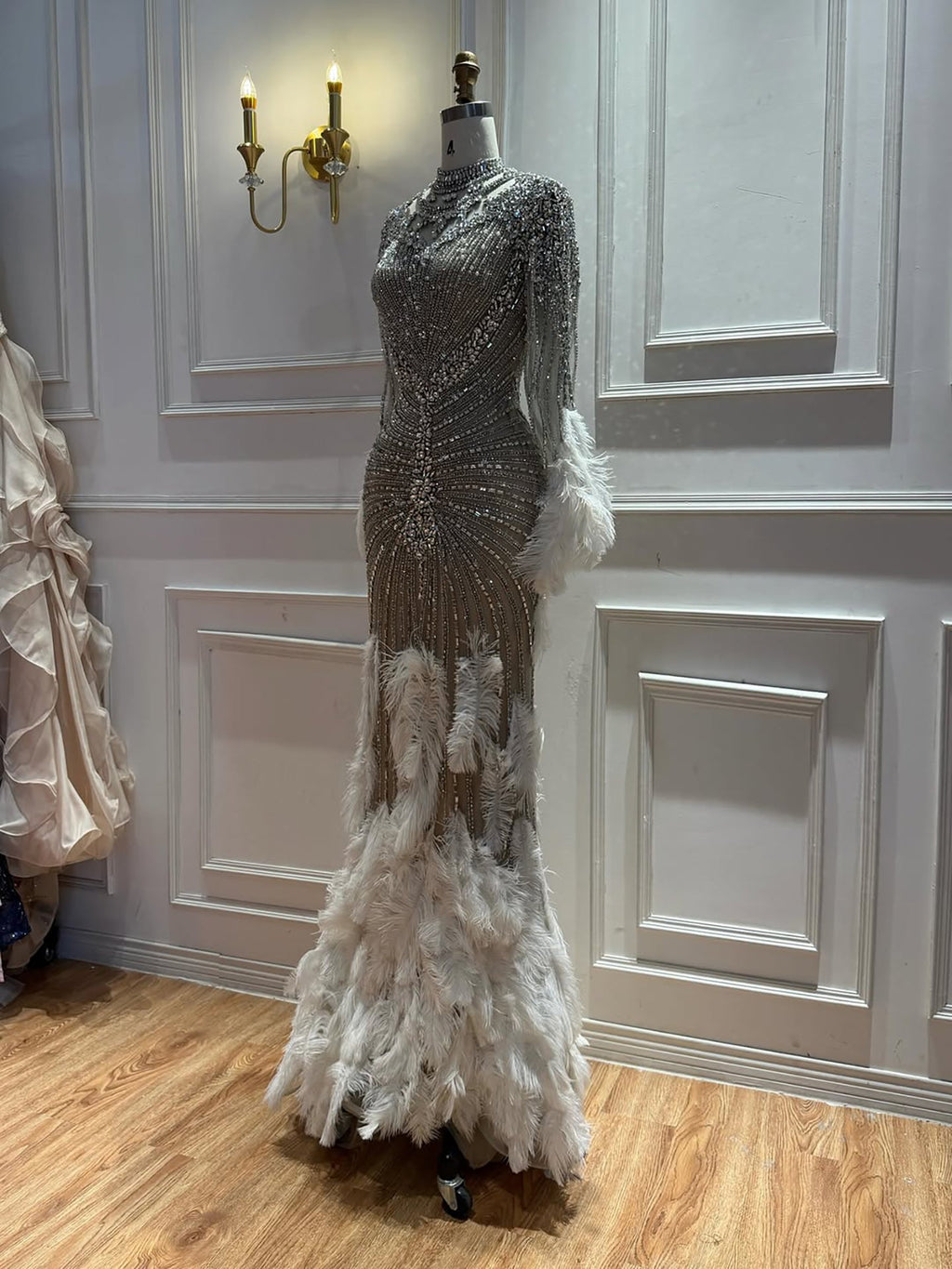 Luxury Grey Nude Crystal Beaded Mermaid Dress with Feathers LA73609