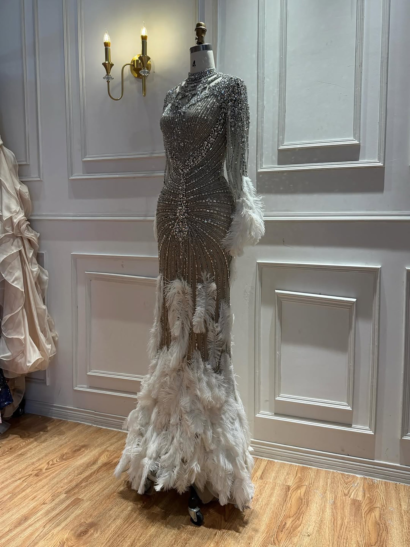 Luxury Grey Nude Crystal Beaded Mermaid Dress with Feathers LA73609