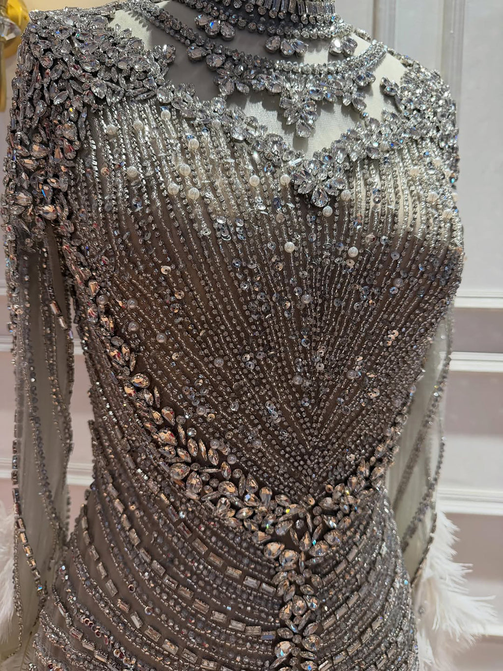 Luxury Grey Nude Crystal Beaded Mermaid Dress with Feathers LA73609