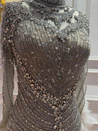 Luxury Grey Nude Crystal Beaded Mermaid Dress with Feathers LA73609