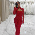 Luxury Red Beaded Long Sleeves Mermaid Evening Dress LA73610