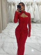 Luxury Red Beaded Long Sleeves Mermaid Evening Dress LA73610