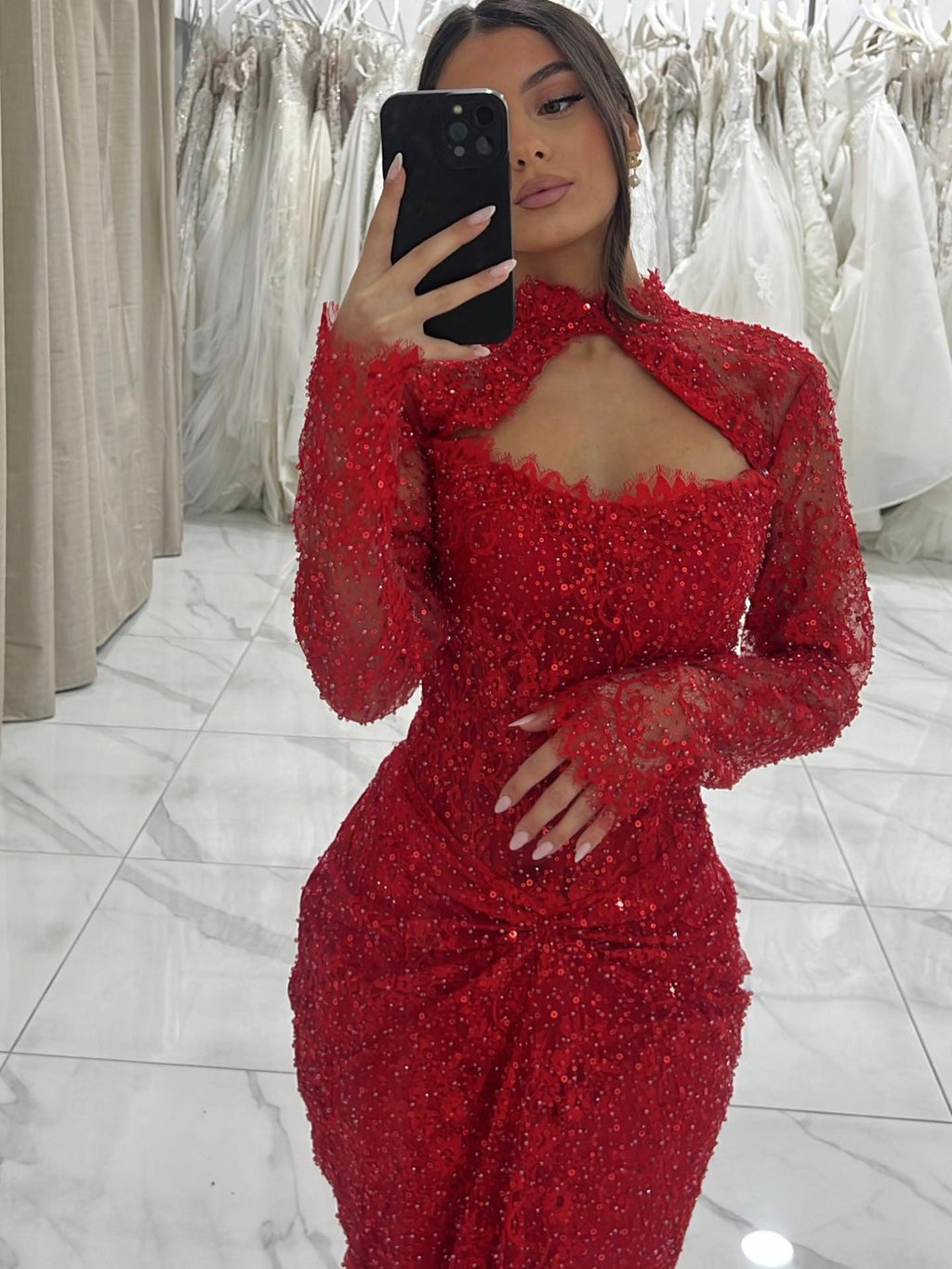 Luxury Red Beaded Long Sleeves Mermaid Evening Dress LA73610