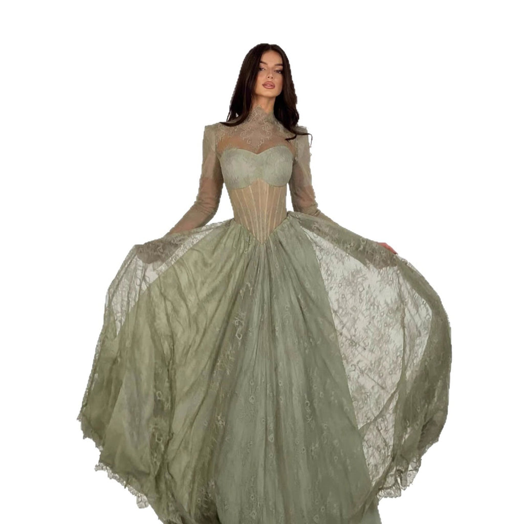Dubai Sage Green High Neck Long Sleeve Lace A Line Evening Dress LA73611