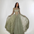 Dubai Sage Green High Neck Long Sleeve Lace A Line Evening Dress LA73611