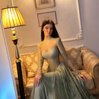 Dubai Sage Green High Neck Long Sleeve Lace A Line Evening Dress LA73611