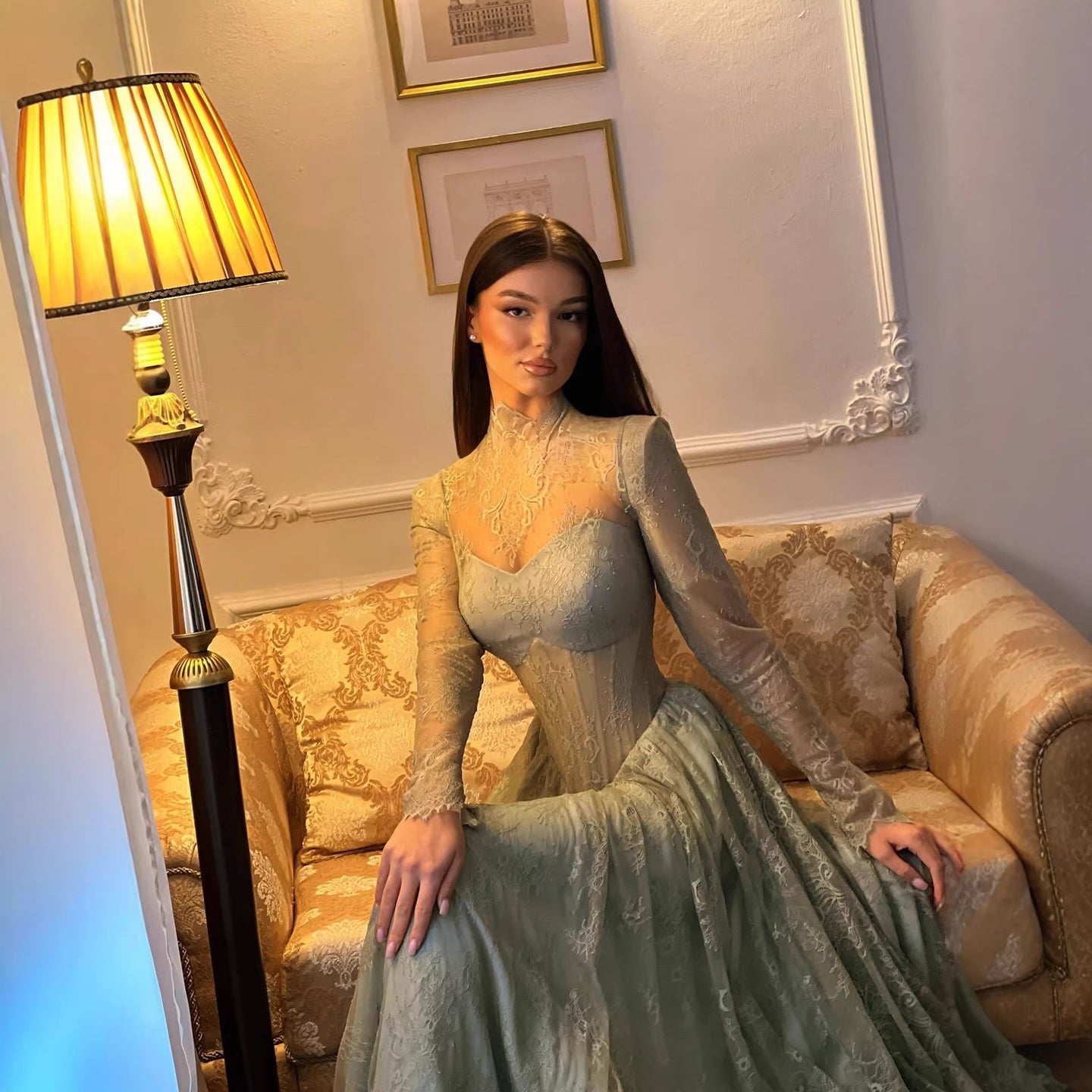 Dubai Sage Green High Neck Long Sleeve Lace A Line Evening Dress LA73611