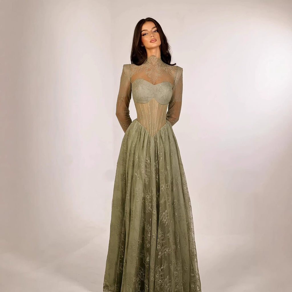 Dubai Sage Green High Neck Long Sleeve Lace A Line Evening Dress LA73611