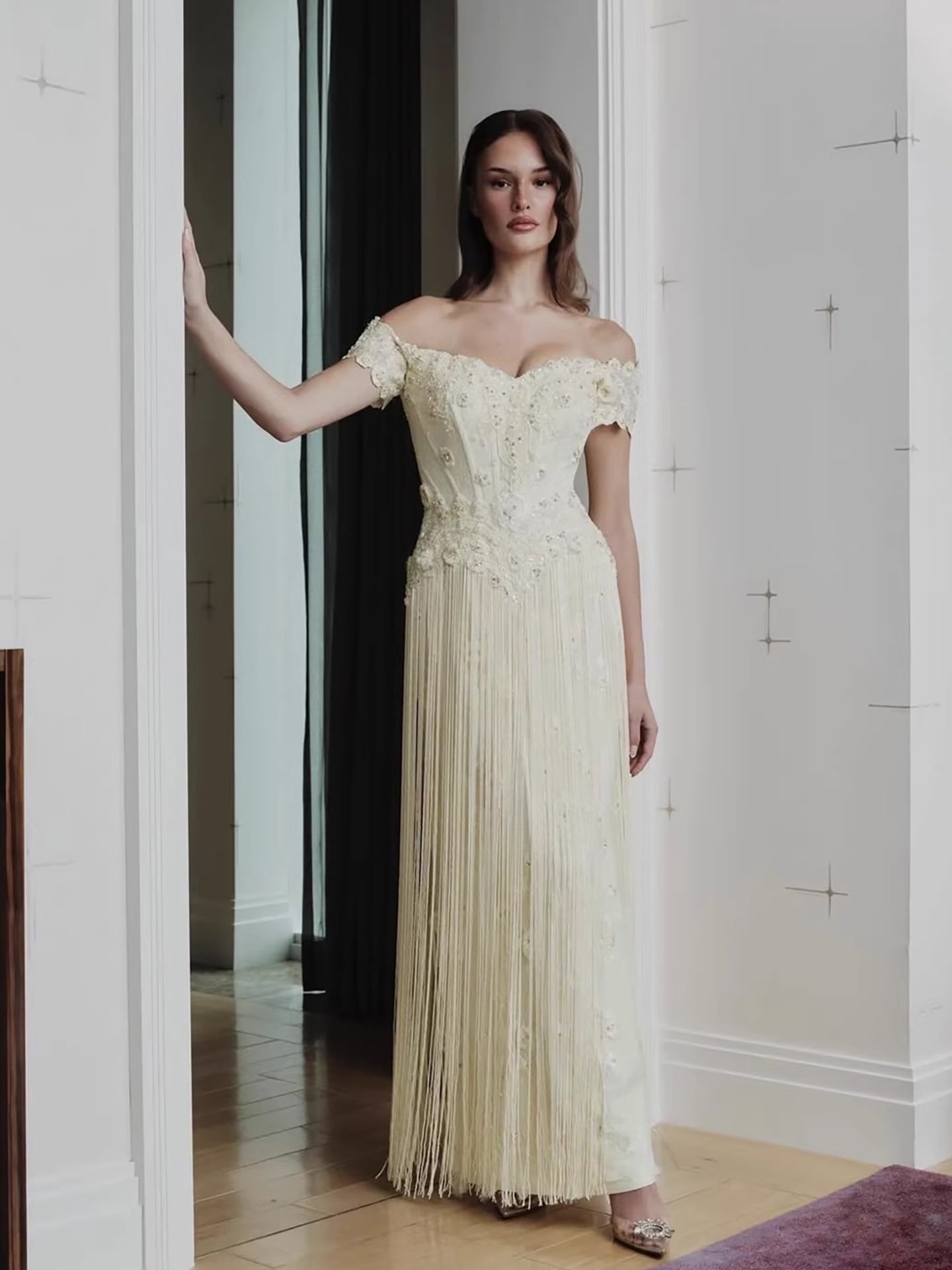 Luxury Yellow Beaded Tassel Off Shoulder Evening Dress LA73614