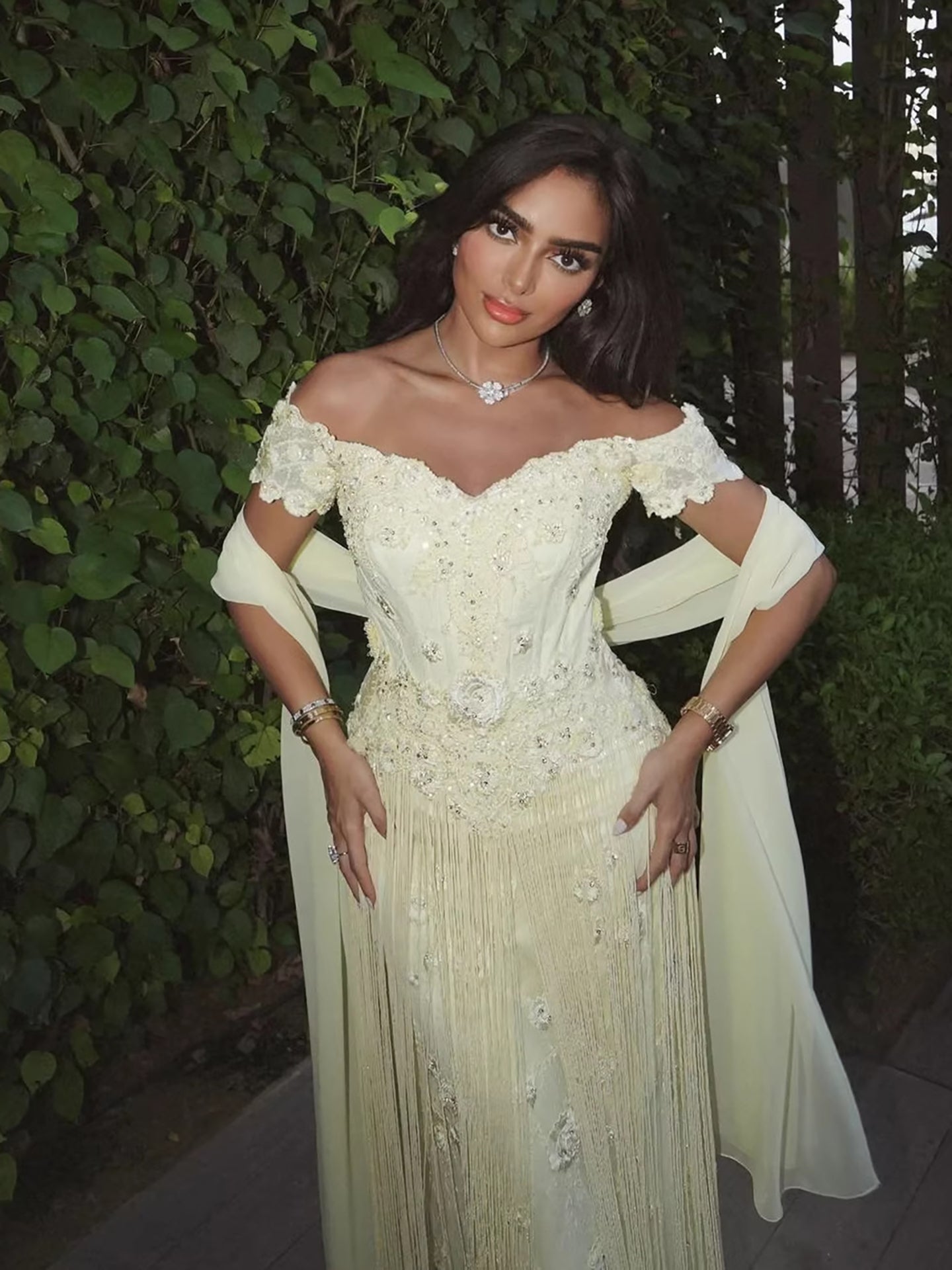 Luxury Yellow Beaded Tassel Off Shoulder Evening Dress LA73614