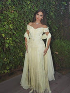 Luxury Yellow Beaded Tassel Off Shoulder Evening Dress LA73614