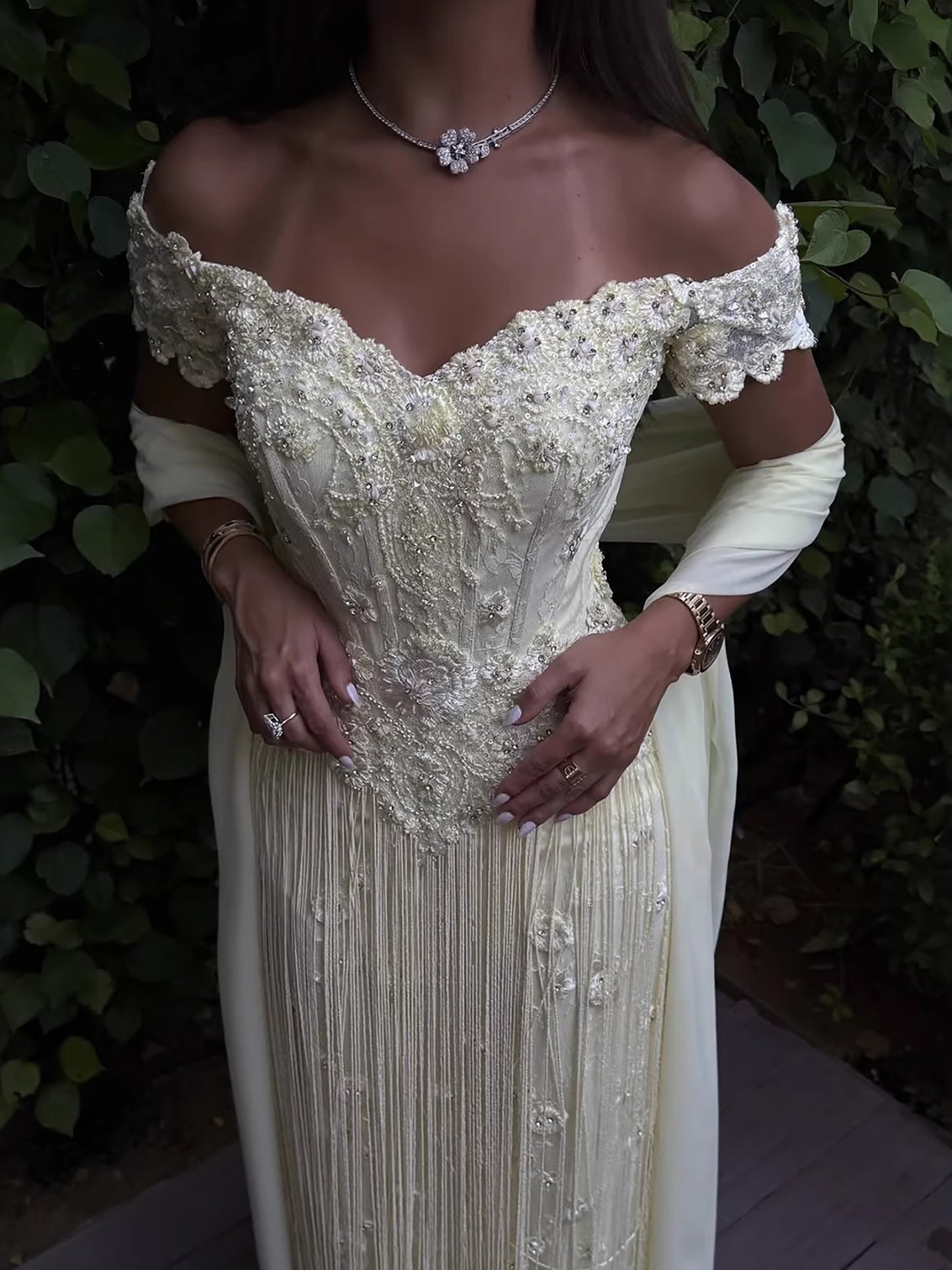 Luxury Yellow Beaded Tassel Off Shoulder Evening Dress LA73614