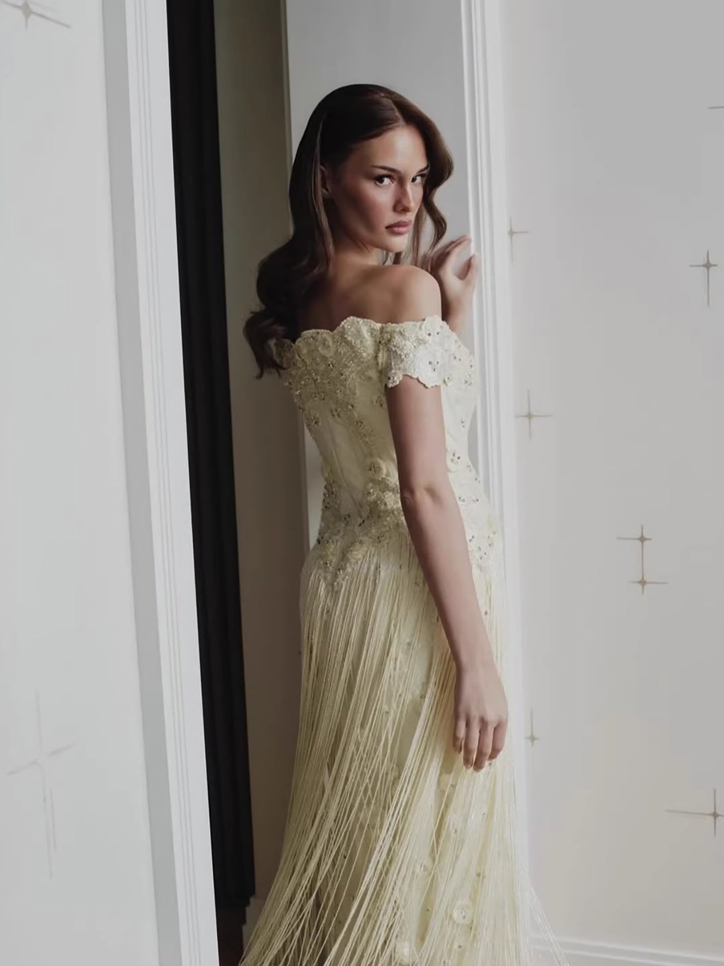 Luxury Yellow Beaded Tassel Off Shoulder Evening Dress LA73614