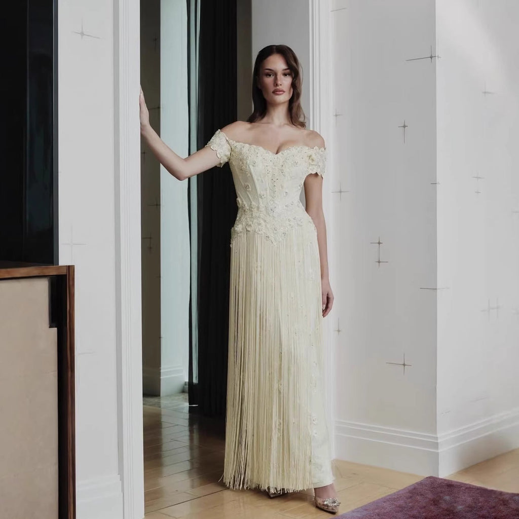 Luxury Yellow Beaded Tassel Off Shoulder Evening Dress LA73614